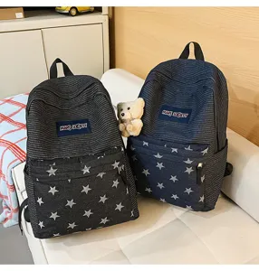 Denim striped student backpack with cute star pattern, large capacity daily school bag