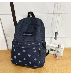 Blue striped canvas backpack with star pattern, spacious student school bag for daily use.