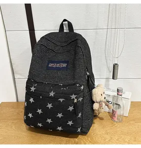 Stylish denim and striped backpack with cute star pattern and large capacity for daily use.