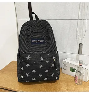 Stylish star denim striped school backpack large capacity student book bag for teenage girls