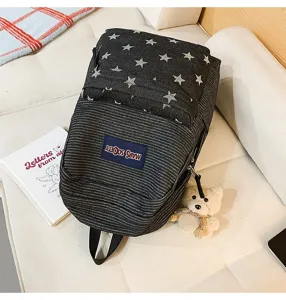Stylish star pattern denim backpack with striped design, large capacity and cute bear charm.