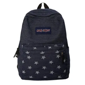 Closeup of the dark blue denim backpack featuring white stripes, star pocket and patch.