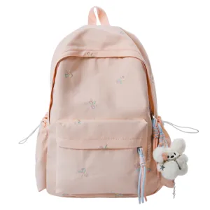Bonita mochila rosa con bordado de lazo, gran mochila casual y práctica para estudiantes hoy.