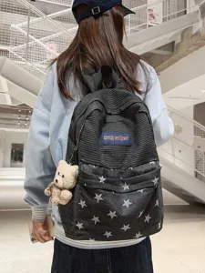 Stylish denim school backpack with star pattern, spacious daily casual rucksack for students.