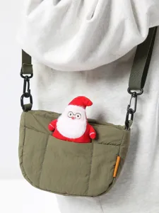 Grüne gesteppte Umhängetasche mit Weihnachtsmann-Plüsch, lässige Damen Schultertasche.
