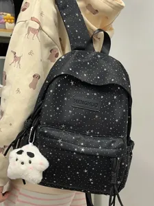 Sac à dos noir à motif d'étoiles avec joli pendentif en peluche pour étudiants et loisirs.