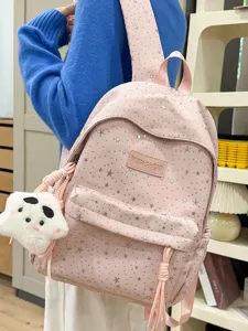 Joli sac à dos rose avec imprimé étoiles et pendentif en peluche, grand sac pour écolière.
