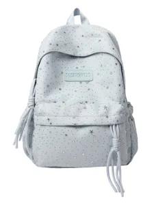 Sac à dos scolaire bleu clair pour filles avec joli motif d'étoiles argentées et poche avant.