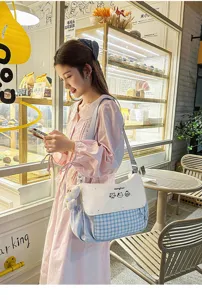 Bolso bandolera de lona a cuadros dulce para estudiantes, bolso de hombro estilo fresco.