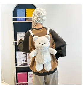 Vista dettagliata di un simpatico zaino orsetto di peluche, tessuto morbido e design carino.
