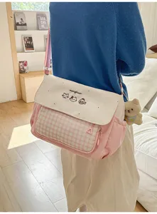 Bolso bandolera de cuadros rosas dulce para estudiantes, mochila escolar casual linda.