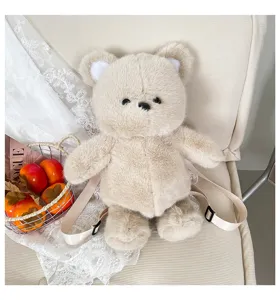 Primo piano dettagliato di un simpatico zaino orsetto di peluche con tessuto morbido e cinghie.