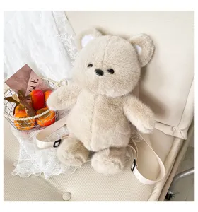 Primo piano dettagliato dello zaino in morbido peluche a forma di orsetto in un contesto.