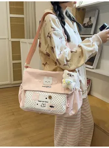 Cute pink canvas messenger bag for teen girls school student casual shoulder crossbody bag