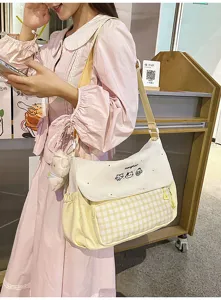 Bolso de hombro de lona a cuadros para estudiantes, bolso fresco con estampado de gato.