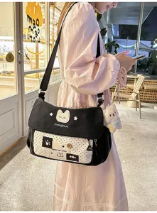 Cute canvas messenger bag for girls, black and white polka dot crossbody bag with cute bear.