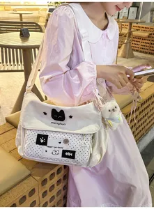 Cute canvas messenger bag for students, aesthetic shoulder crossbody bag with cat embroidery.