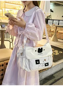 Cute canvas messenger bag for students, stylish shoulder crossbody bag with cat print.
