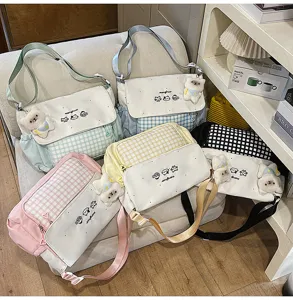 Bolso bandolera de lona a cuadros lindo para estudiantes, estilo dulce y fresco.