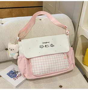 Bolso bandolera de lona a cuadros rosa y blanco para estudiantes con lindo bordado de gato.