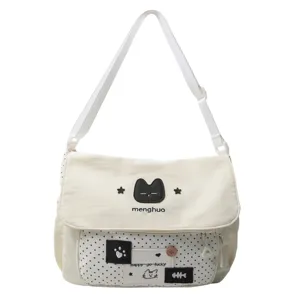 Canvas messenger bag cute cat design student crossbody bag with polka dots and adjustable strap