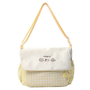 Bolso bandolera de cuadros lindo con tierno bordado de gato para uso diario estudiantil