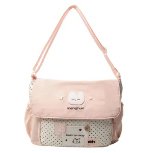 Pink cute student messenger bag crossbody canvas bag with polka dot and cat embroidery.