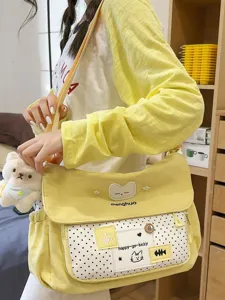 Cute canvas cross-body messenger bag for teen girls, stylish contrast color student shoulder bag.