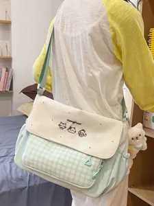 Bolso Bandolera de Nailon a Cuadros para Estudiantes Bolso Escolar Fresco y Dulce Con Colgante para Niñas Niños Niños