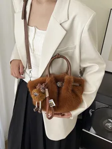 Women Plush Bucket Bag Exquisite Pleated Faux Fur Shoulder Bag Commuter Crossbody Bag With Cartoon Pendant Soft Winter Handbag