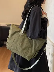 Korean minimalist large capacity nylon tote bag for women, casual shoulder crossbody travel bag.