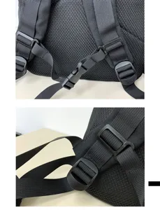 Vue détaillée des bretelles du sac à dos noir et boucles en plastique pour le sport.