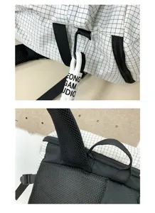 Vue de détail montrant la sangle du sac à dos à grille, l'épaule en maille et le mousqueton.