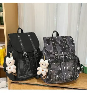 Σχολικό σακίδιο στυλ Harajuku με διάφανη τσέπη και χαριτωμένο αρκουδάκι λεπτομέρεια.