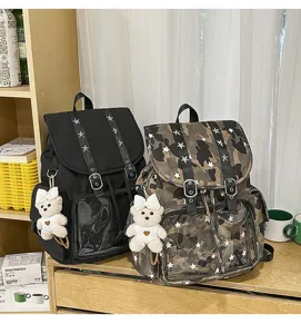 Λεπτομερής εικόνα σχολικών σακιδίων Harajuku με αστέρια και χαριτωμένα αρκουδάκια.