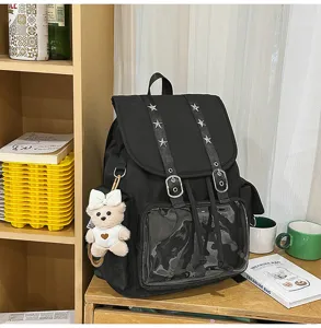 Μαύρο σακίδιο πλάτης Harajuku μεγάλης χωρητικότητας με διαφανή τσέπη και αρκouδάκι