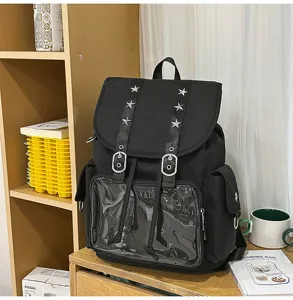 Μαύρη σχολική τσάντα πλάτης Harajuku με διαφανή μπροστινή τσέπη και αστέρια για μαθητές.