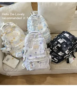 Sac à dos style Harajuku japonais grande capacité motif étoile carreau pour filles école