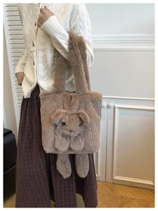 Cute plush dog tote bag for women, soft faux fur large capacity shoulder bag with cartoon puppy.