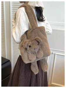 Cute plush dog tote bag for women, large capacity soft cartoon shoulder underarm bag.