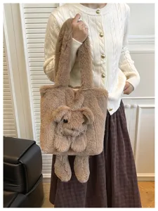 Cute plush dog tote bag, soft furry shoulder handbag, large capacity cartoon design for women.