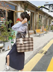 Bolso tote retro de cuadros, bolso de hombro de gran capacidad para uso diario.