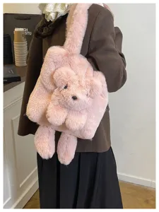 Cute fluffy plush shoulder bag for women, soft fuzzy cartoon bear tote handbag for daily fashion.