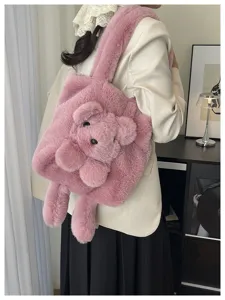 Cute plush dog tote bag featuring soft fluffy material, ideal chic shoulder bag for women.