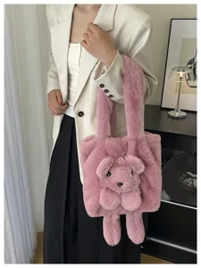 Fluffy plush tote bag for women, cute 3D cartoon dog shoulder bag, soft large capacity handbag.