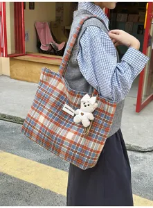 Bolso de Hombro con Cuadros Retro Gran Capacidad Mujer Moda Otonio Bolso Chic