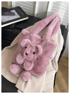 Cute pink plush dog tote bag for women, fluffy large capacity soft shoulder underarm bag.