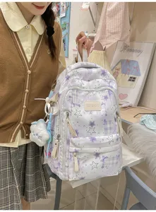 Sac à dos d'école à carreaux violets mignons vue de détail, grand sac à dos décontracté
