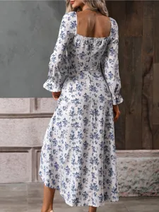 Back view of a chic floral long sleeve backless bohemian dress showcasing its elegant square collar.