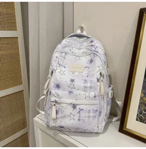 Sac a dos ecole carreaux etoile blanc et violet grande capacite decontracte etudiant